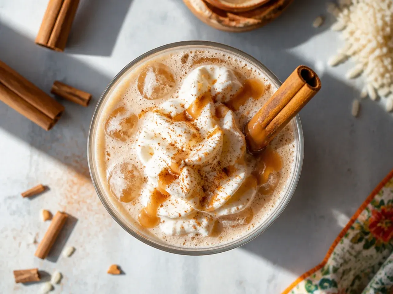 Glass of iced cinnamon horchata topped with a dusting of ground cinnamon