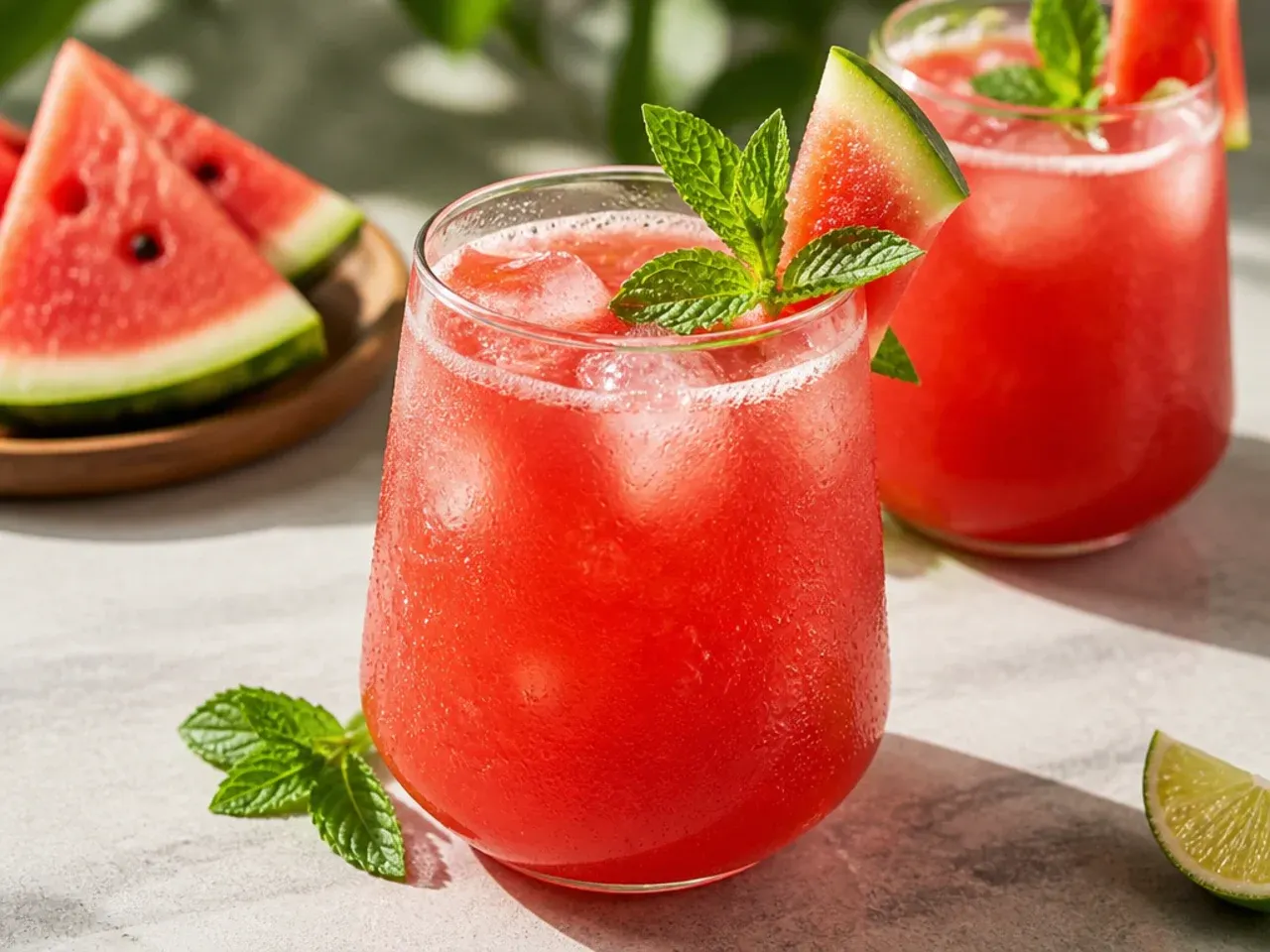 Pitcher of pink watermelon agua fresca surrounded by watermelon wedges