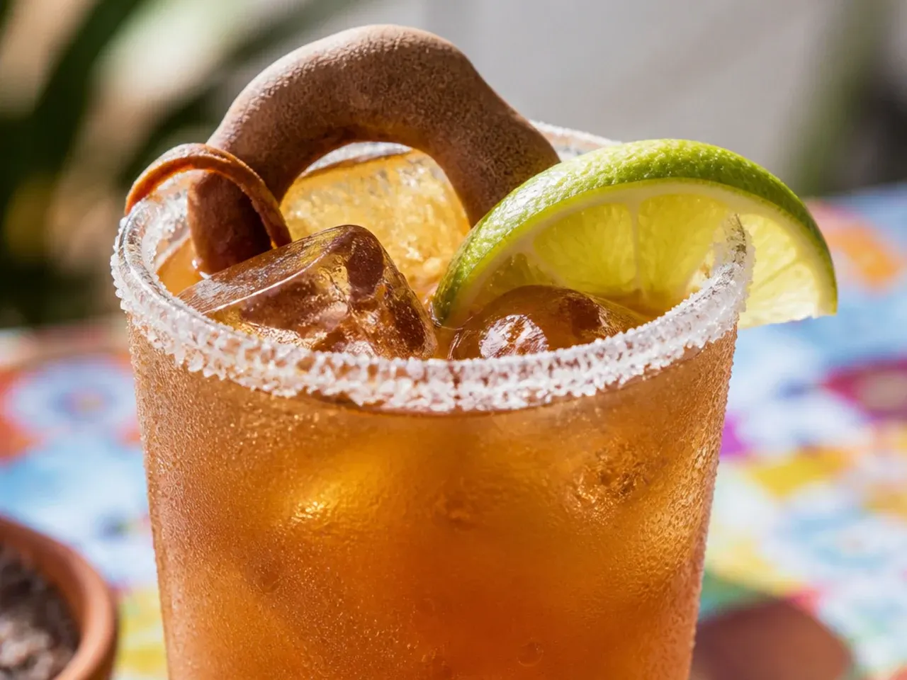 Glass of copycat tamarind soda with ice and a lime wedge on the rim