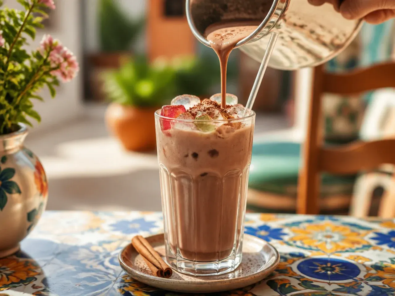 Mug of creamy Mexican hot chocolate latte with cinnamon dusted on the foam