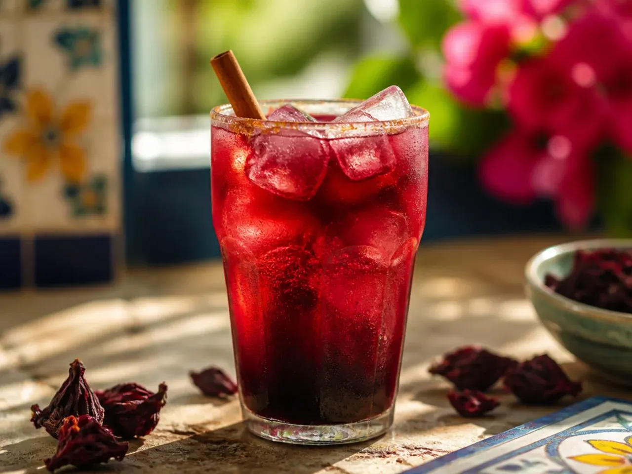 Tall glass of deep red hibiscus jamaica cooler with ice and a lime slice