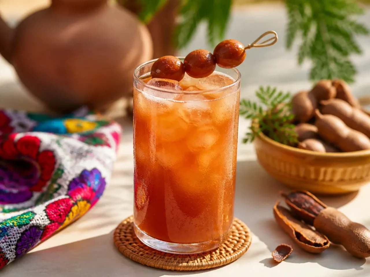 Jug of sweet tamarindo agua fresca poured into a glass with ice