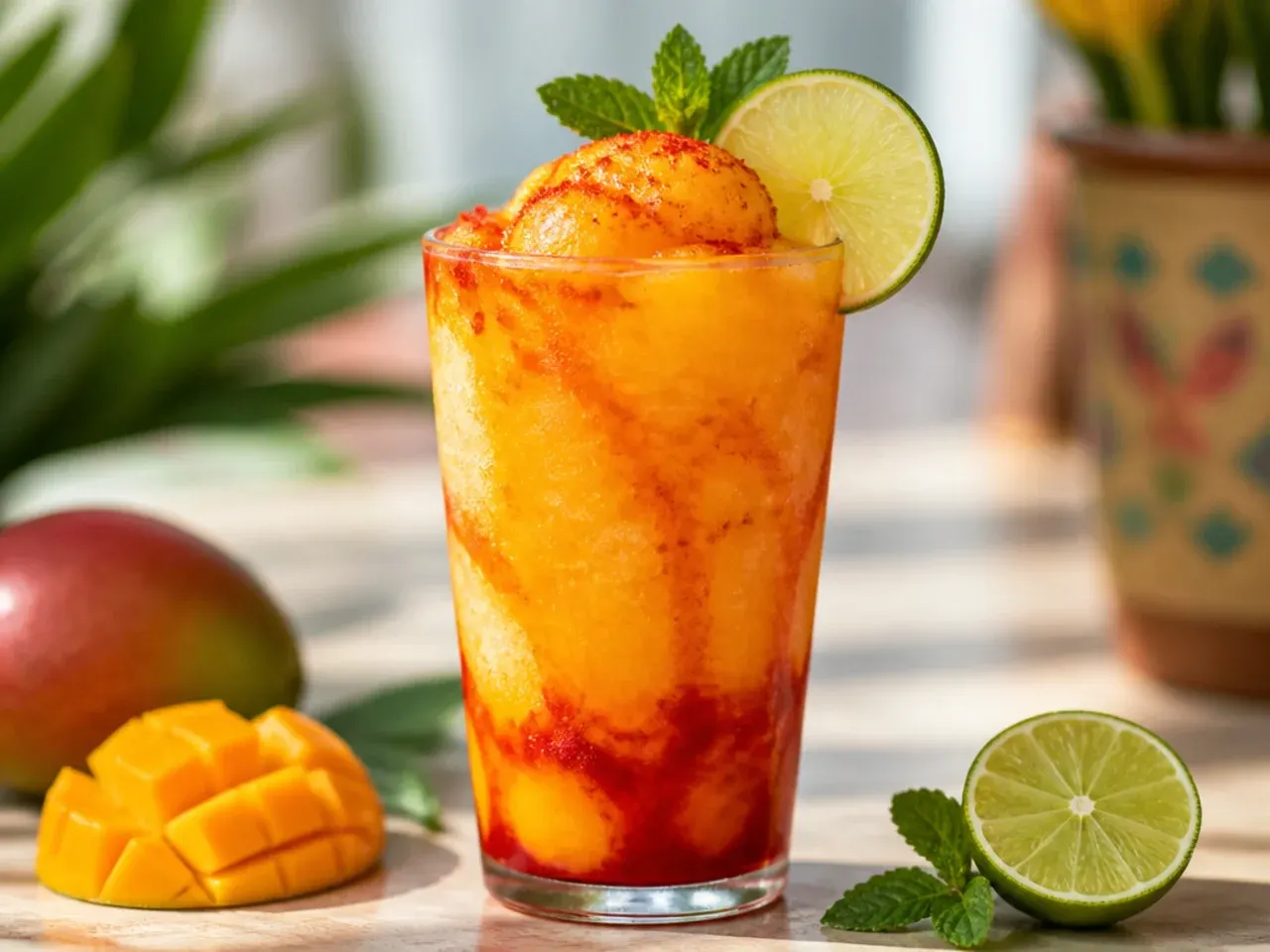 Frozen mango chamoy slushie in a tajin-rimmed glass with chamoy drizzle