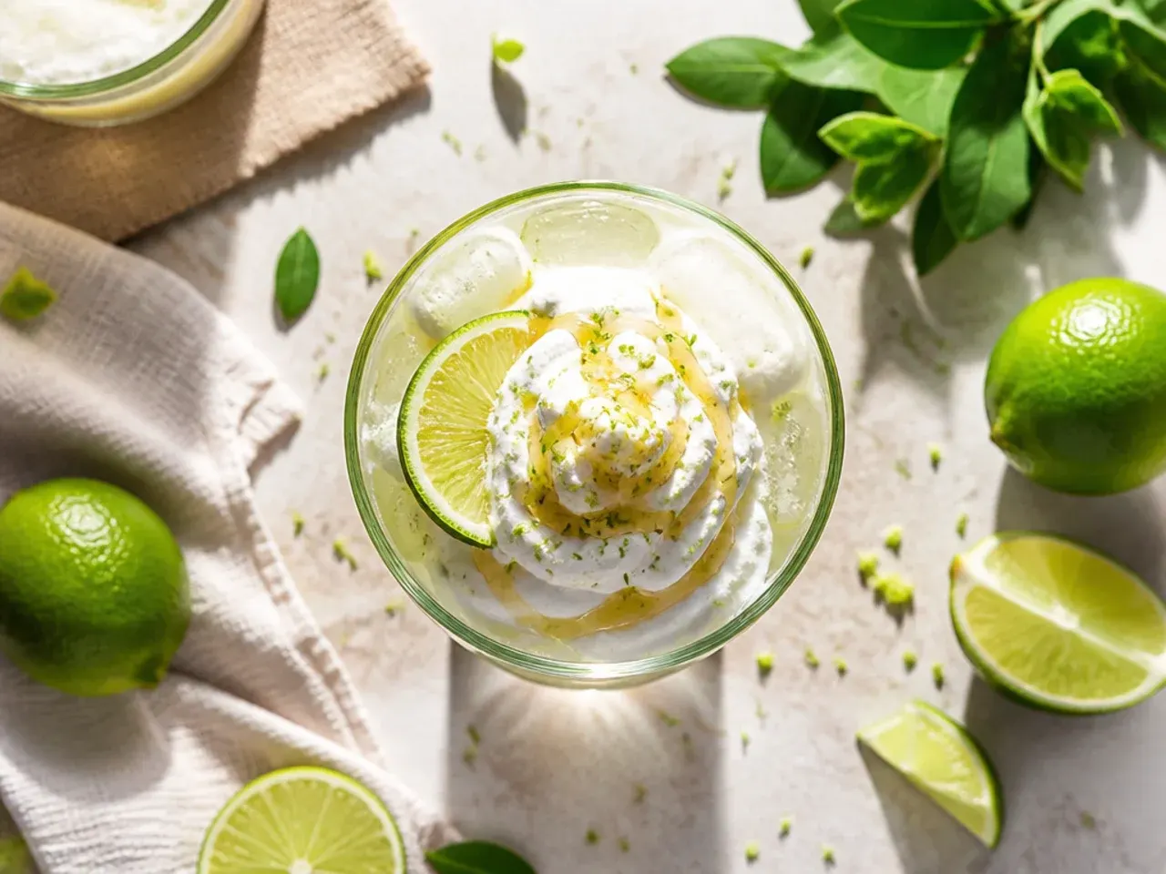 Glass of cloudy Mexican limeade with lime wheels and mint leaves