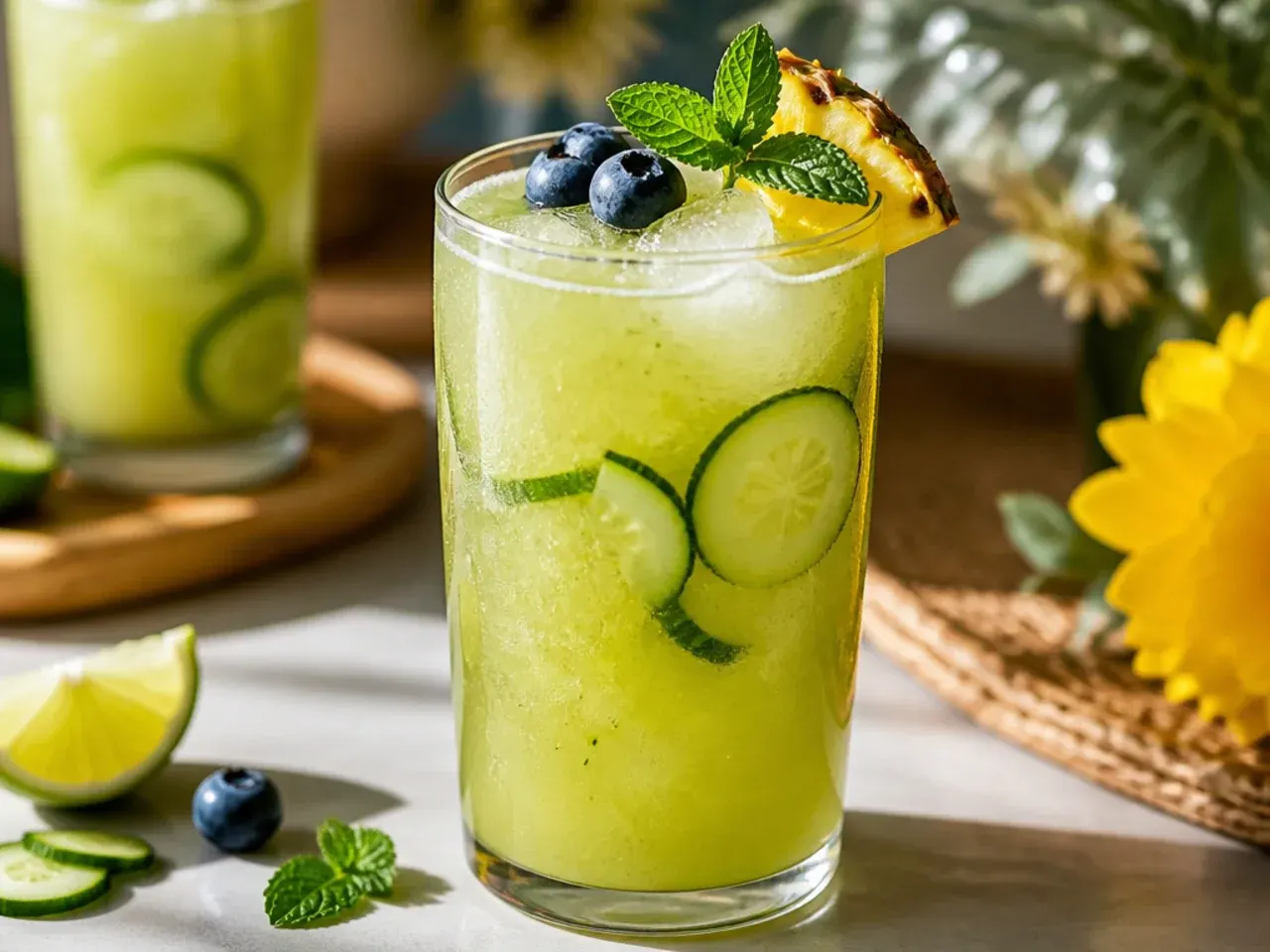 Pale green cucumber-pineapple agua fresca in a glass pitcher