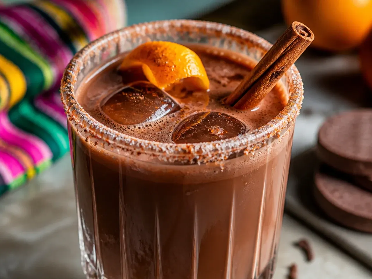 Frothy spiced Abuelita hot chocolate in a clay mug with a molinillo whisk