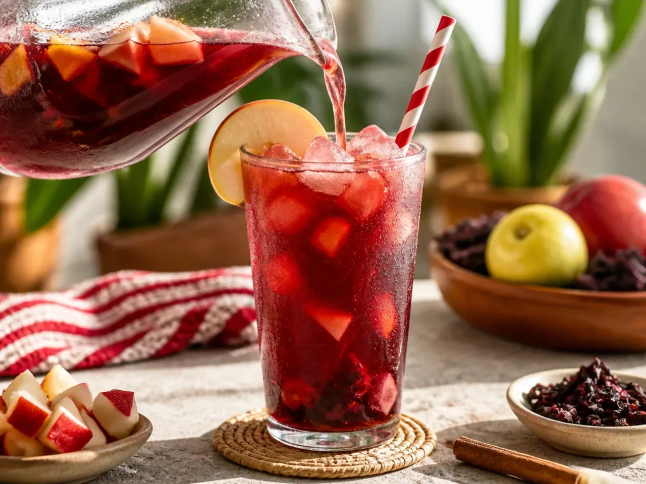 Mug of warm festive ponche navideno with cinnamon stick and softened fruit