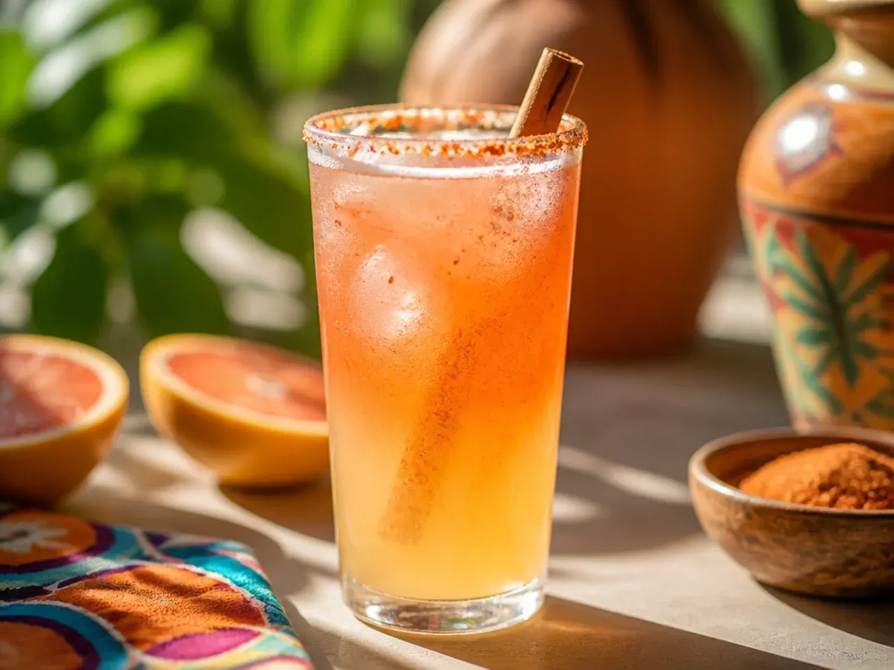 Layered pink and pale grapefruit virgin paloma mocktail in a tajin-rimmed glass