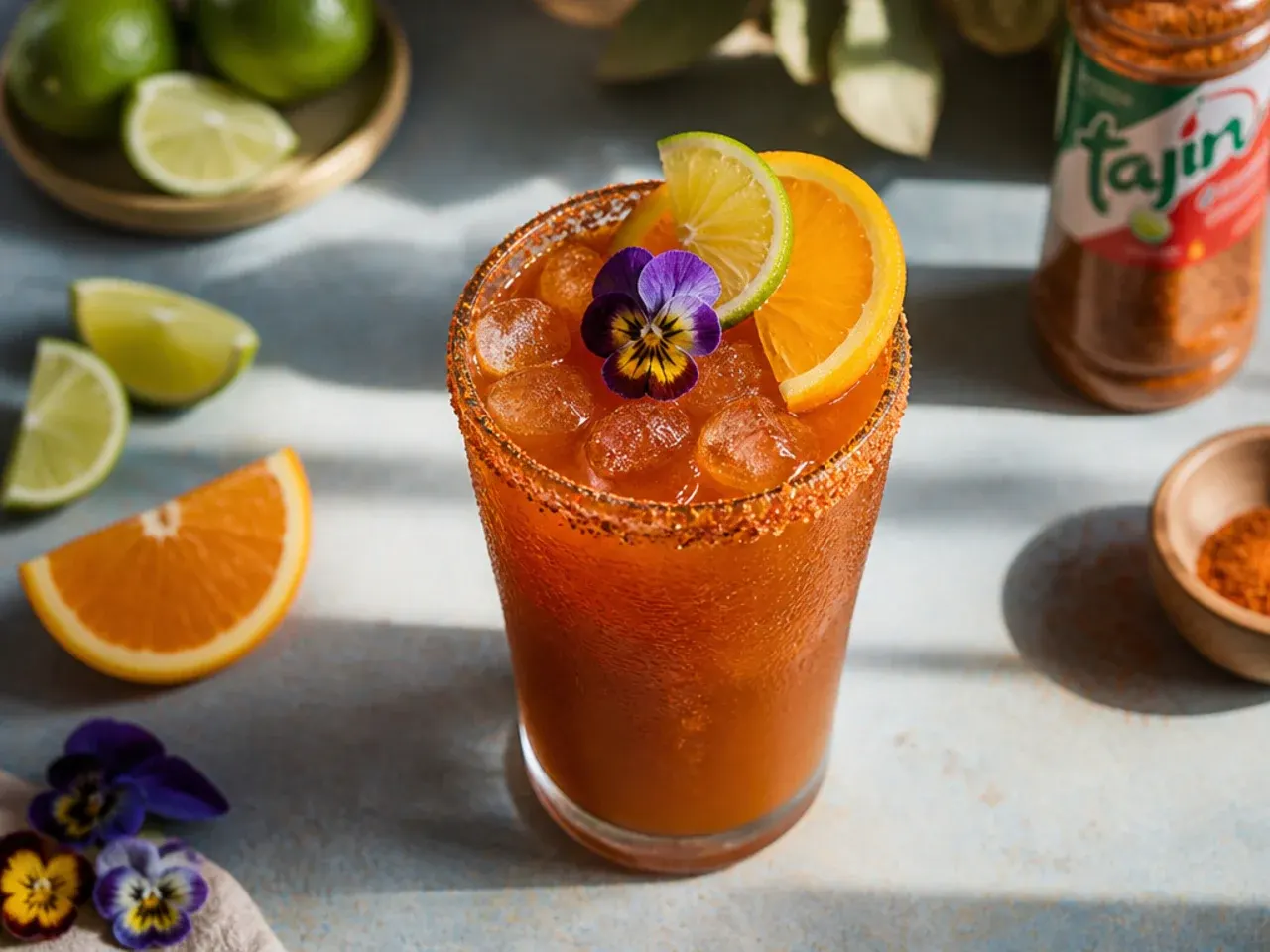 Bold virgin michelada in a salt-rimmed glass with lime wedge and celery stick