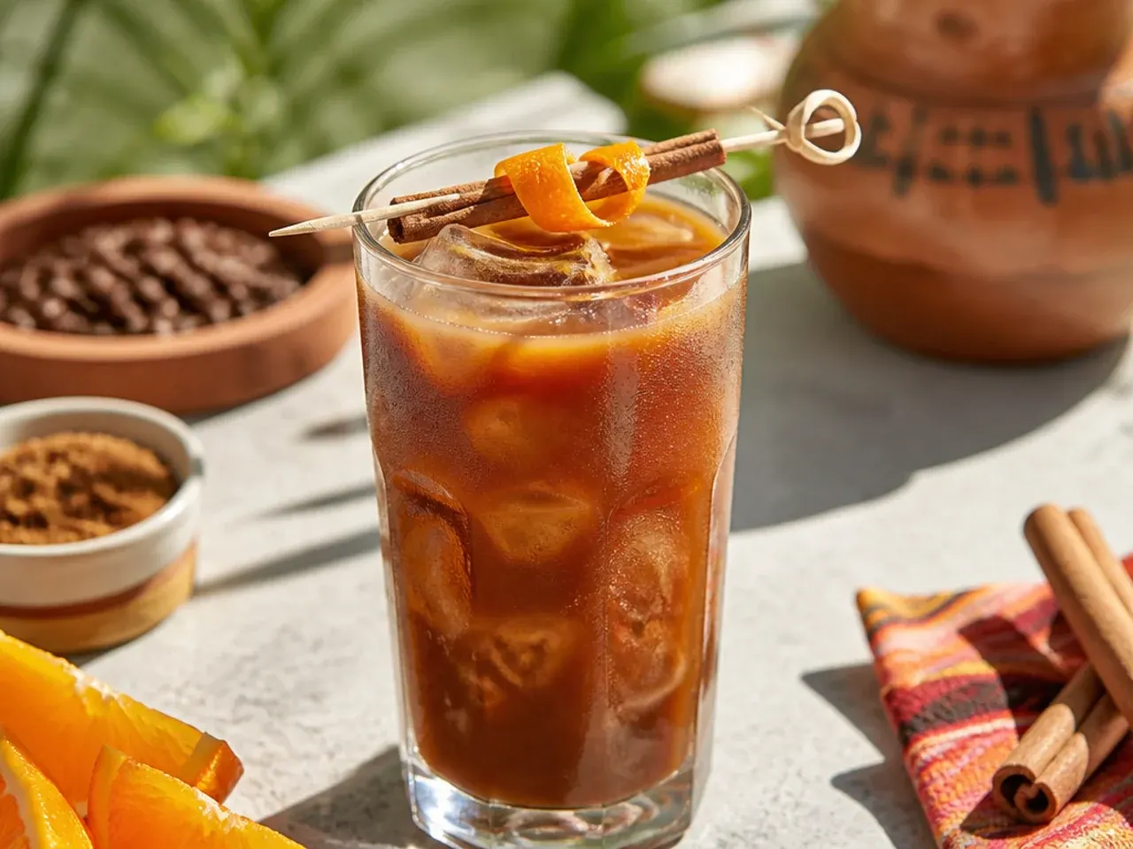 Clay mug of smooth spiced cafe de olla with a strip of orange peel and cinnamon stick
