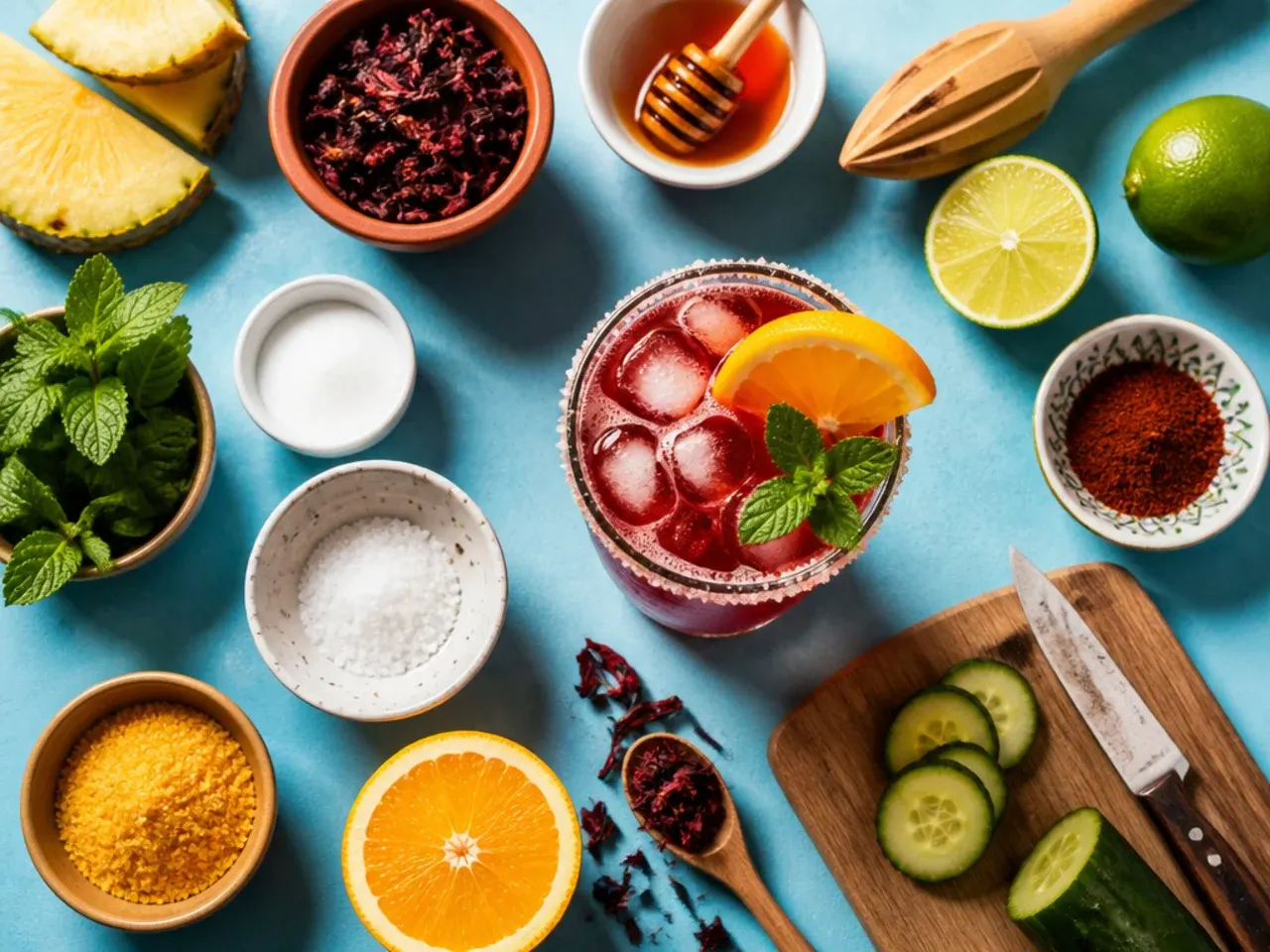 Small bowls of tajin, cinnamon sticks and lime wedges laid out for drink prep