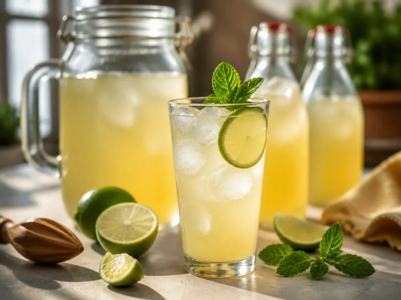 Jars of chilled drink concentrates and ice cube trays of frozen agua fresca ready for a party