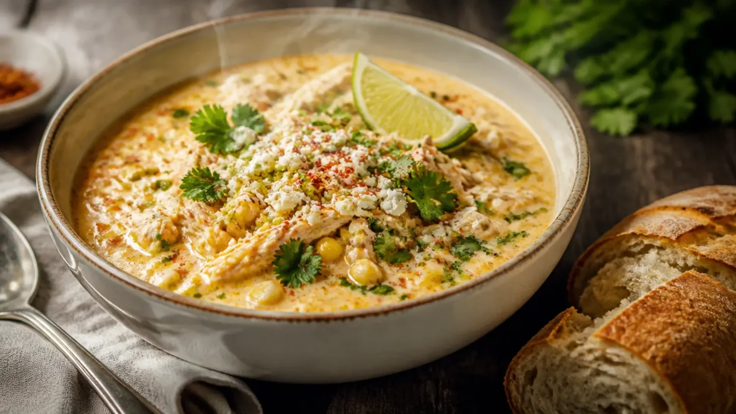 Bowl of Mexican street corn white chicken chili topped with crumbled cotija, cilantro, charred corn and a lime wedge