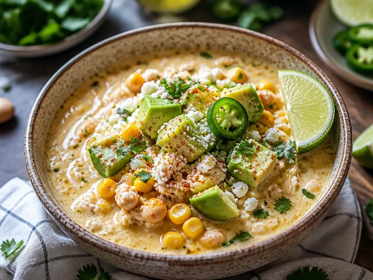 Overhead shot of a pot of creamy Mexican street corn white chicken chili with steam rising