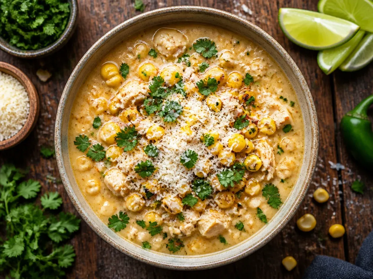Classic Mexican street corn white chicken chili in a white bowl with charred corn on top