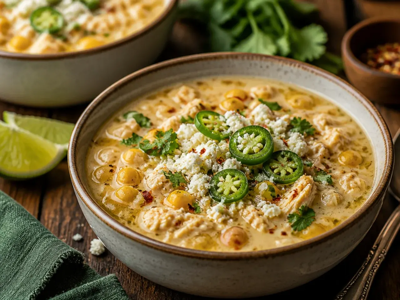 Rotisserie chicken being shredded into a pot of white chicken chili