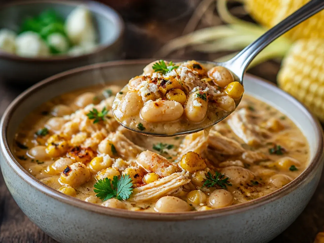 Close-up of hearty white chicken chili loaded with two kinds of beans and corn