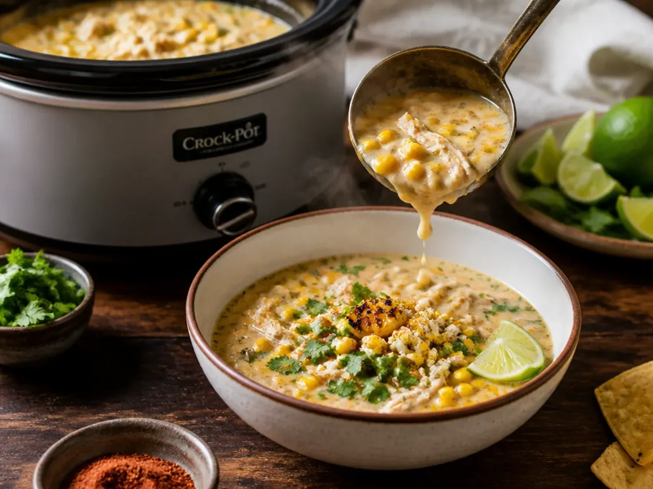 Slow cooker filled with Mexican street corn white chicken chili