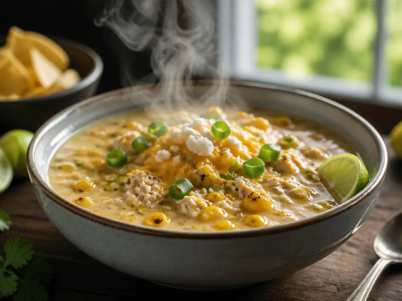 Spoon lifting a thick, creamy scoop of white chicken chili from the pot
