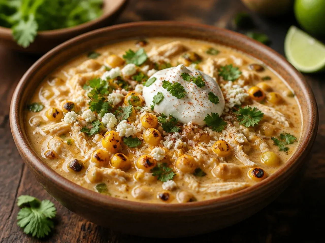Bowl of cheesy white chicken chili with melted pepper jack and bubbling cotija on top