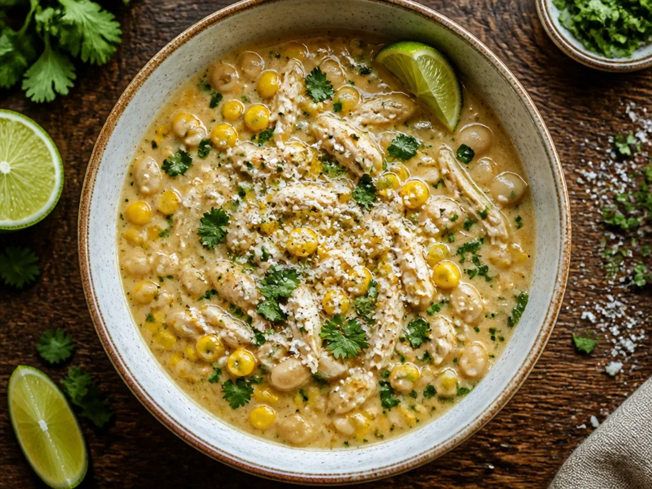 Budget-friendly white chicken chili made with frozen corn and canned chicken
