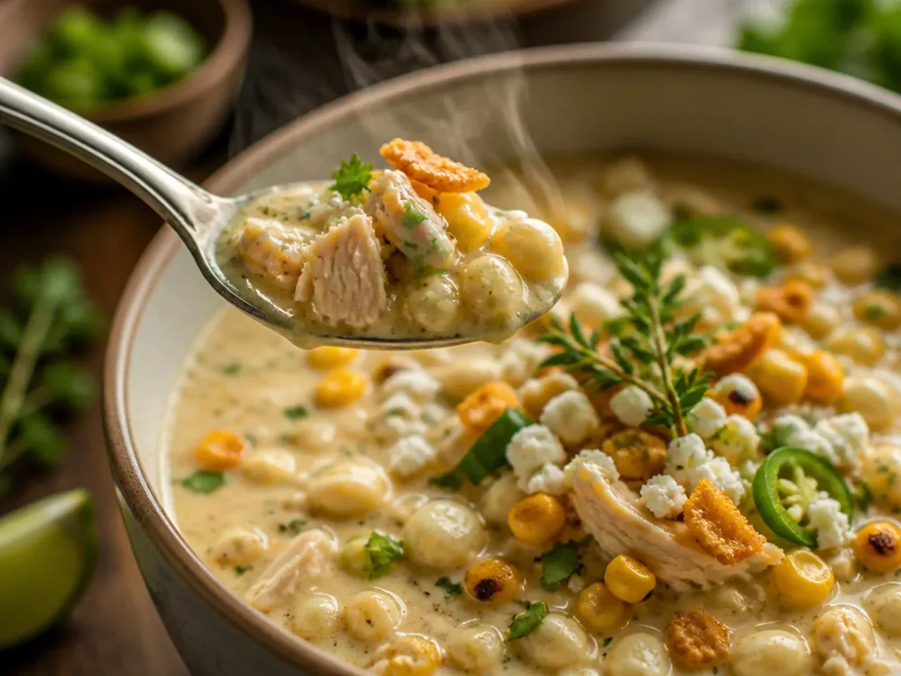 Rustic white chicken chili with hominy kernels visible in the broth