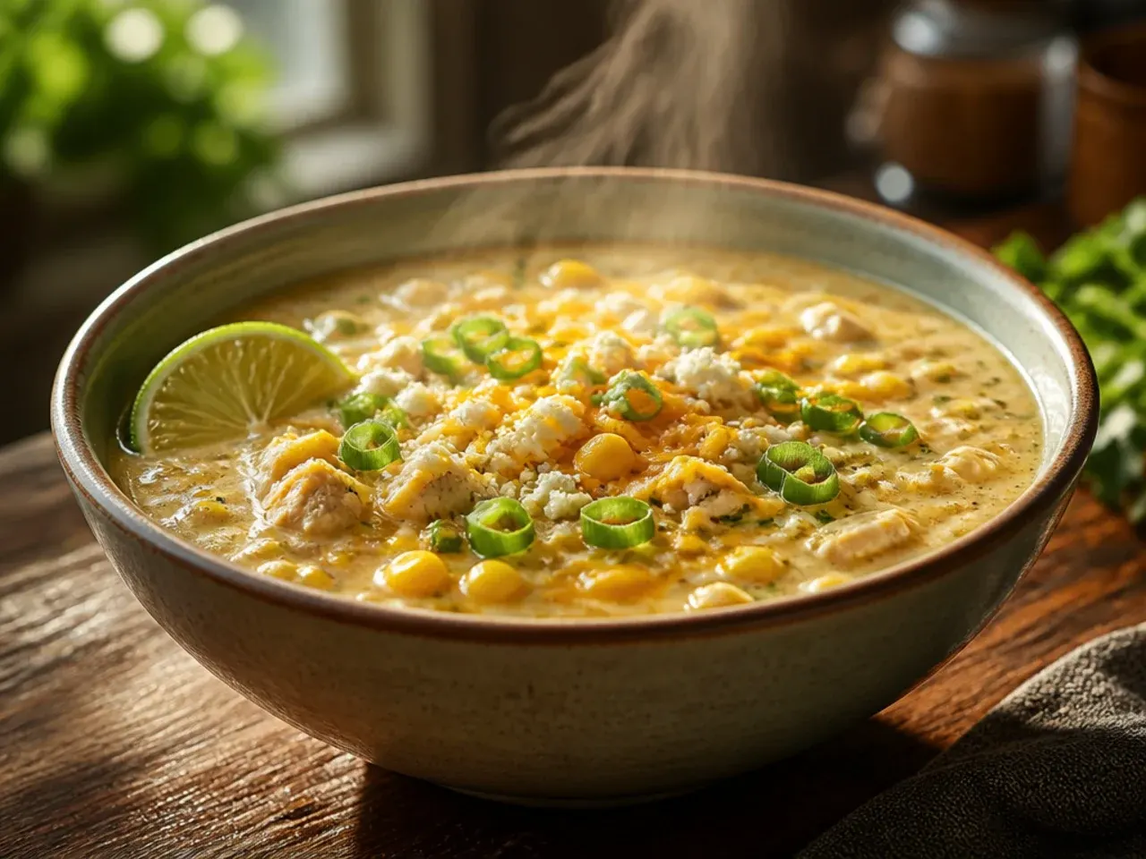 Large stockpot of white chicken chili being ladled into freezer containers