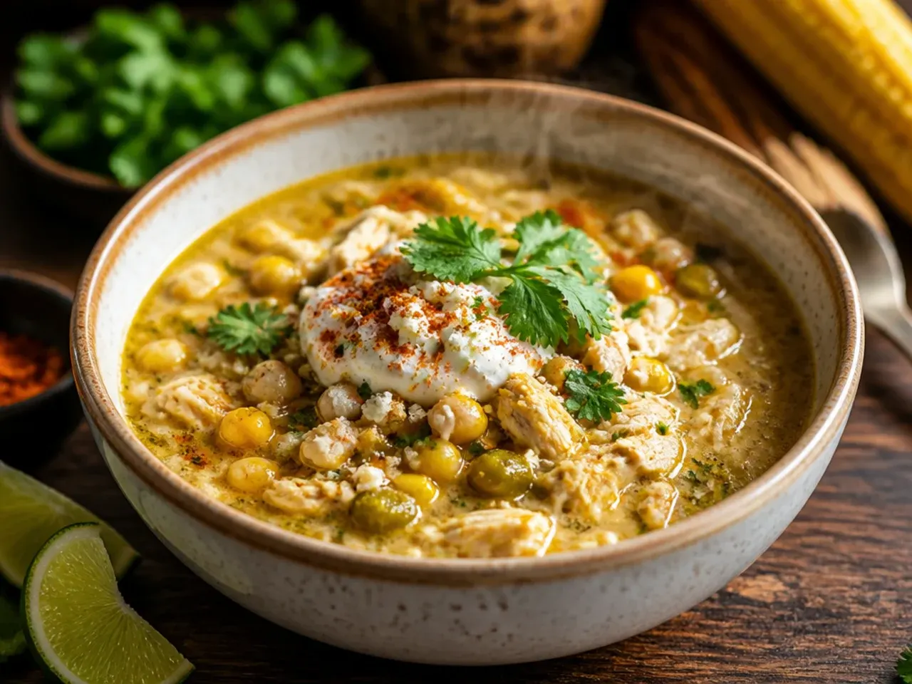 Dutch oven filled with finished one-pot Mexican street corn white chicken chili