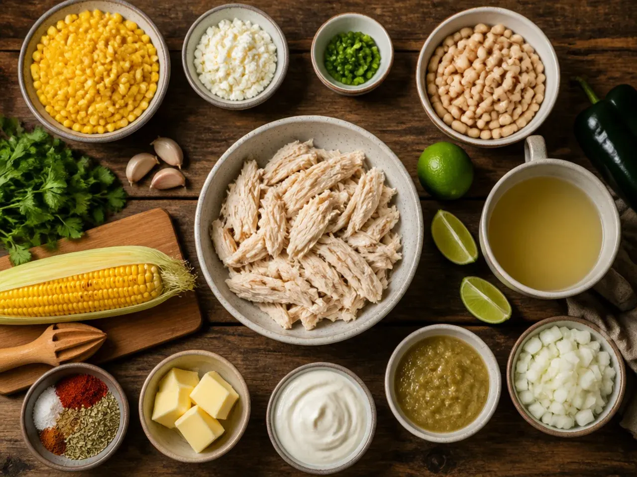Close-up of hands stirring cream cheese into a pot of white chicken chili