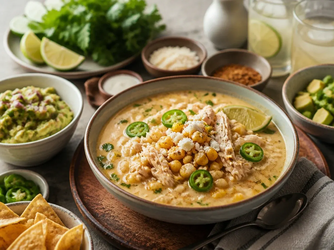 Table set with bowls of white chicken chili, cornbread and lime wedges
