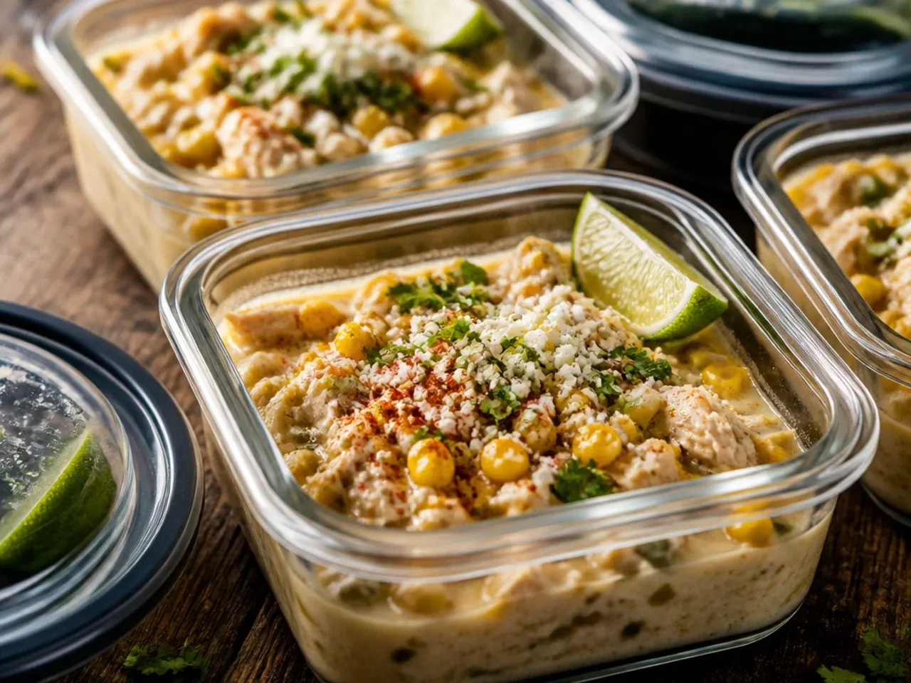Container of leftover Mexican street corn white chicken chili being reheated in a pot