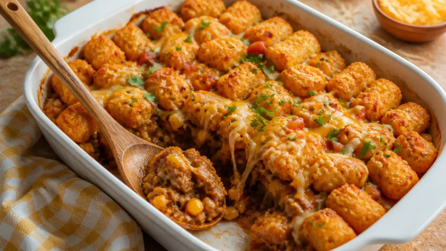 Overhead shot of a bubbling mexican tater tot casserole in a white baking dish, golden crispy tots on top, melted cheese and fresh coriander scattered over the surface.