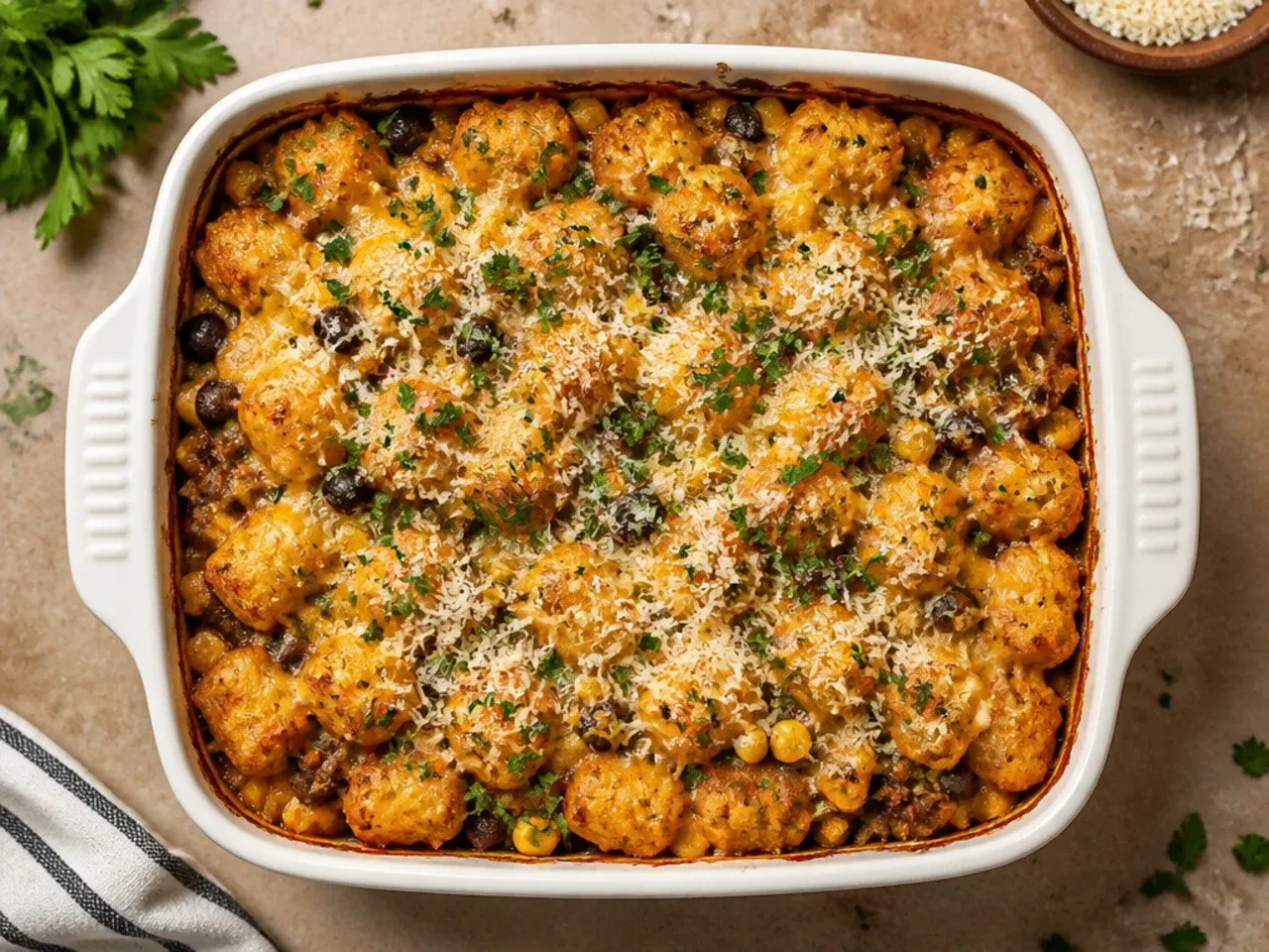 Portion of mexican tater tot casserole stored in a glass airtight container ready for the fridge, with fresh coriander and lime on the side