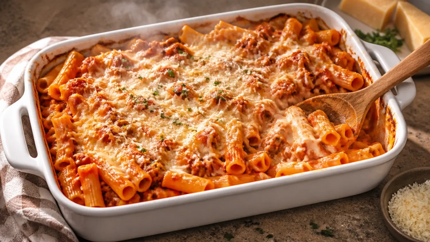 Overhead shot of golden bubbling million dollar baked ziti in a white casserole dish with melted cheese pulling and fresh basil on top