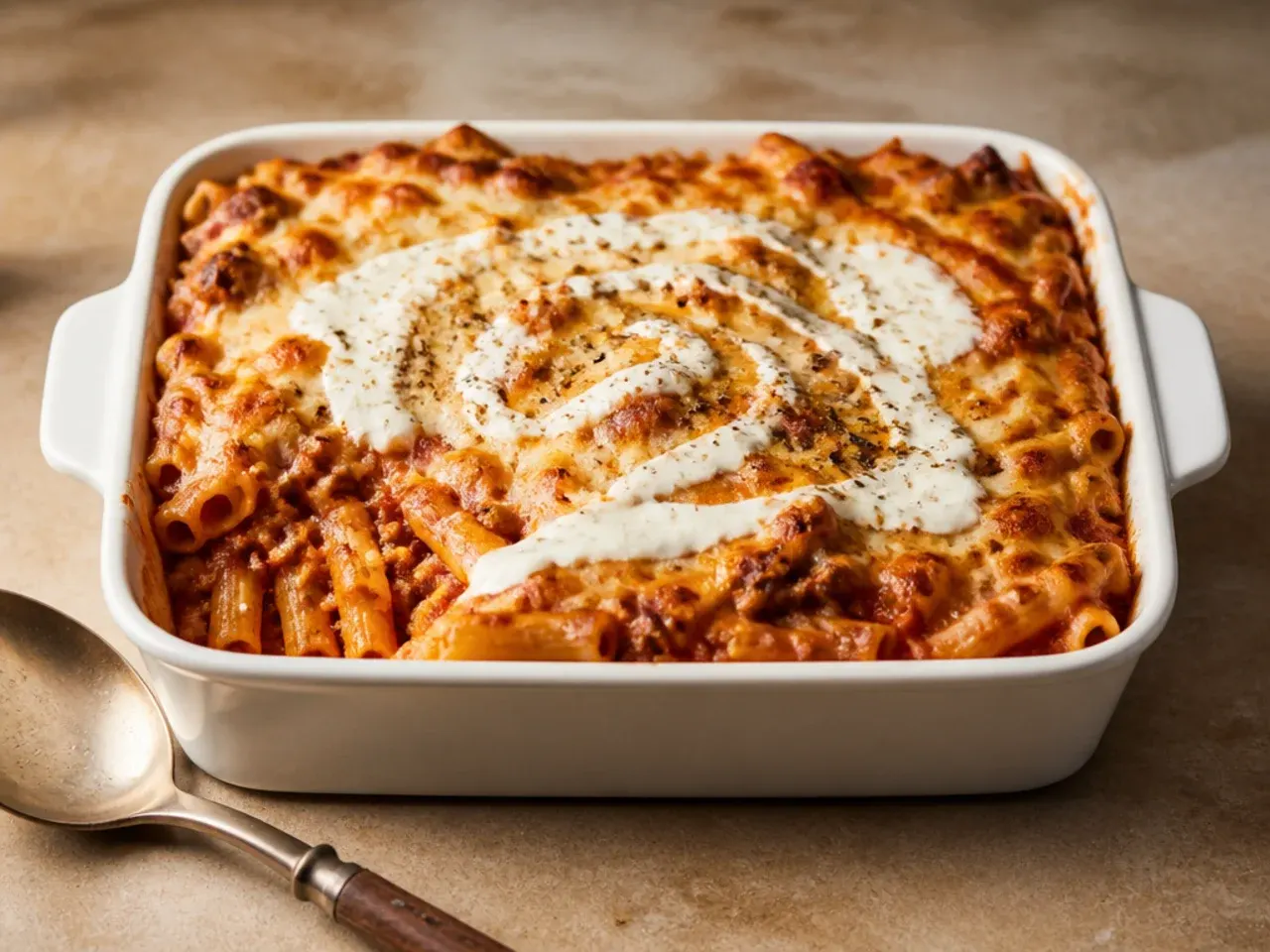 Close-up of firm al dente ziti pasta being drained in a colander