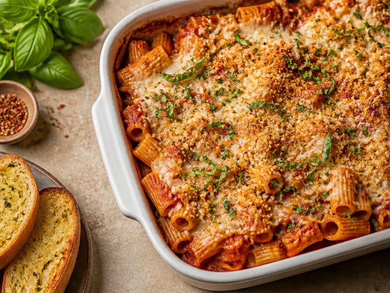 Marinara sauce simmering and thickening in a skillet with sausage