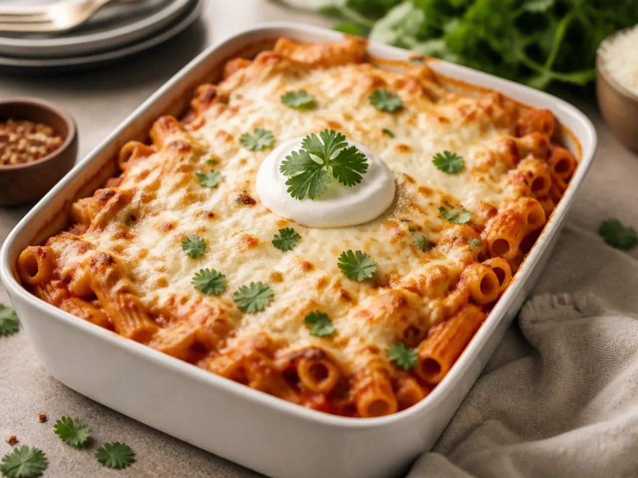 Shredded mozzarella being layered between pasta and cheese mixture