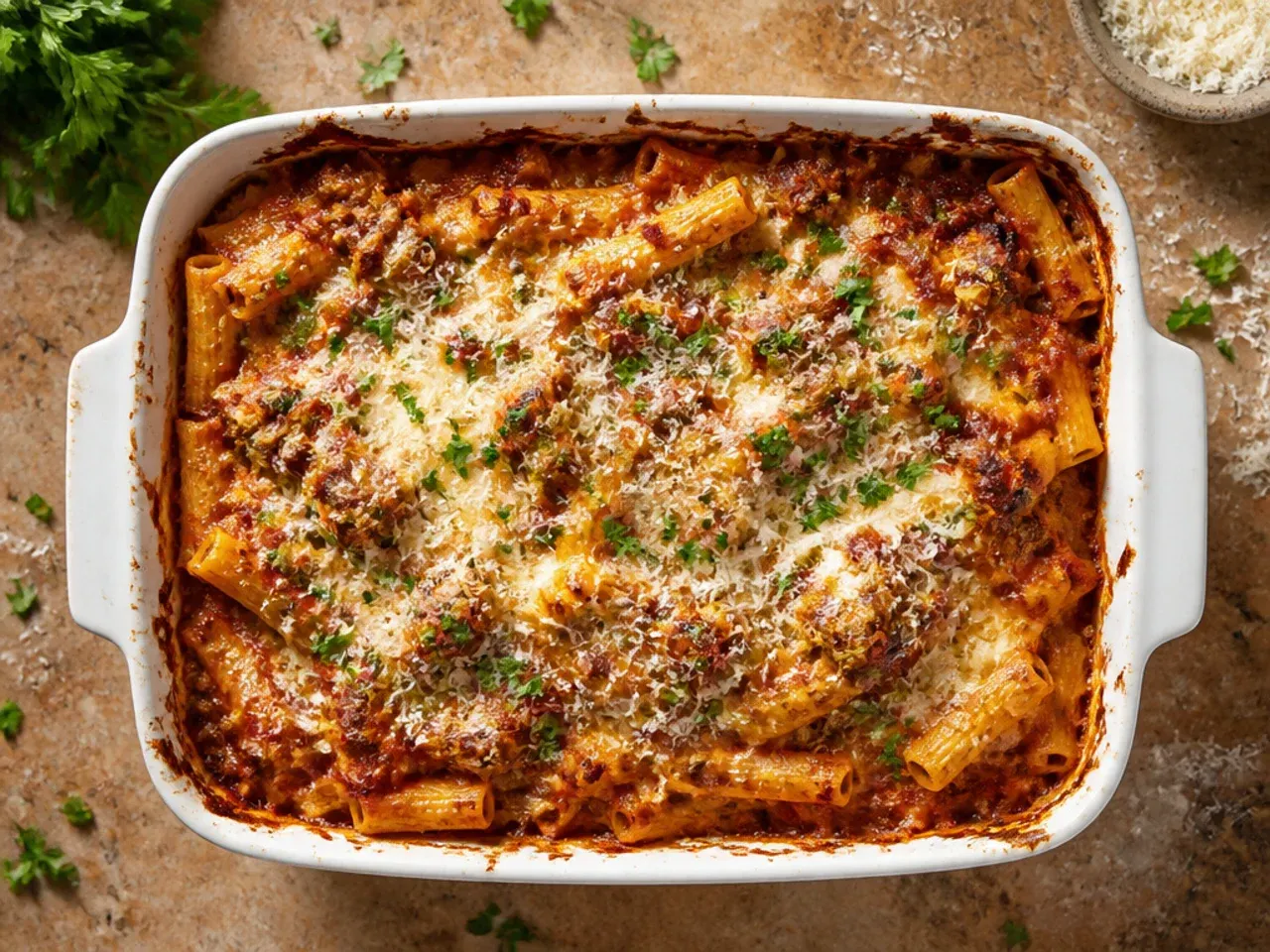 Foil being lifted off the baked ziti to reveal a golden bubbling top