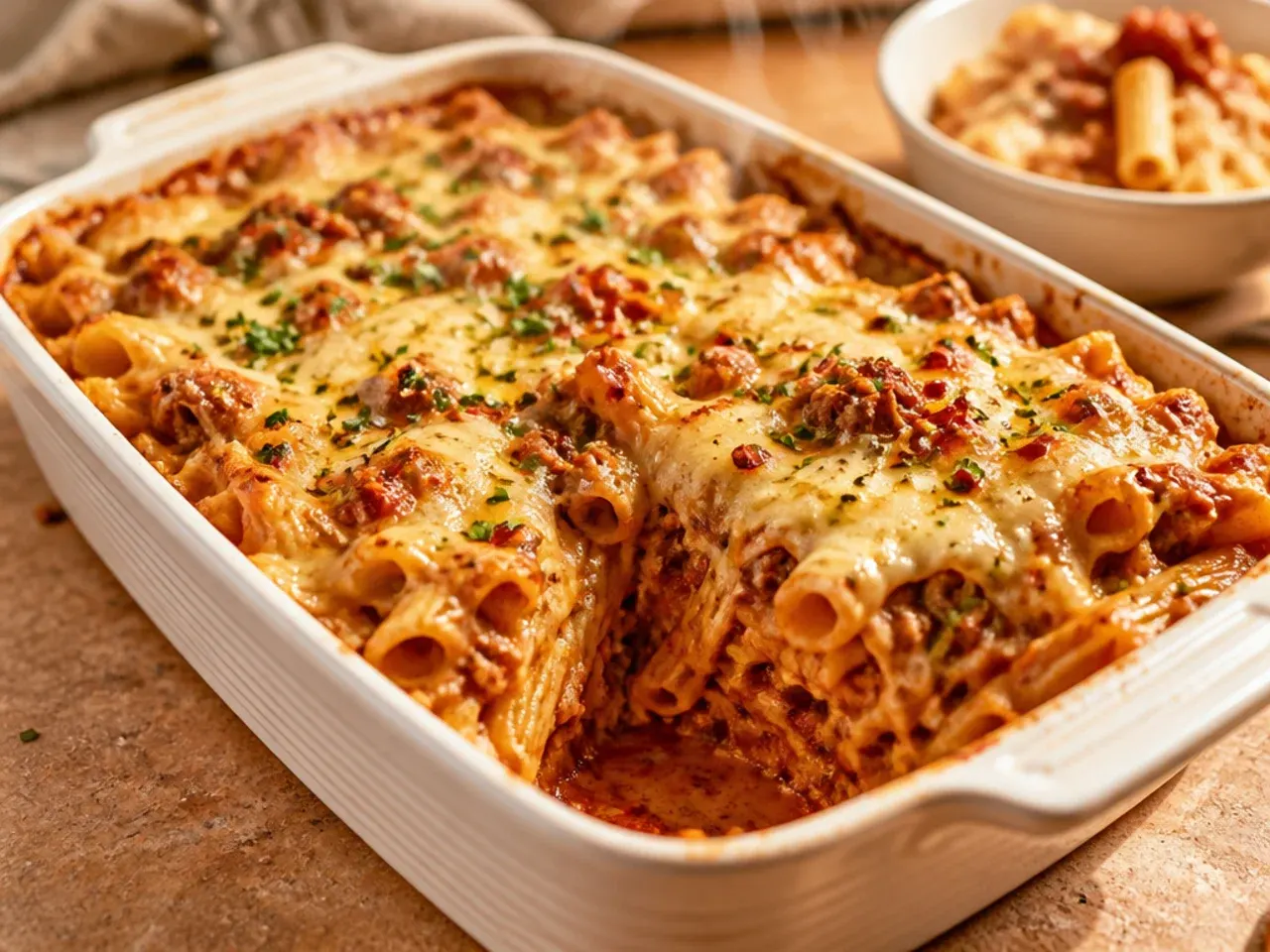 A clean square of baked ziti being lifted from the dish showing set layers