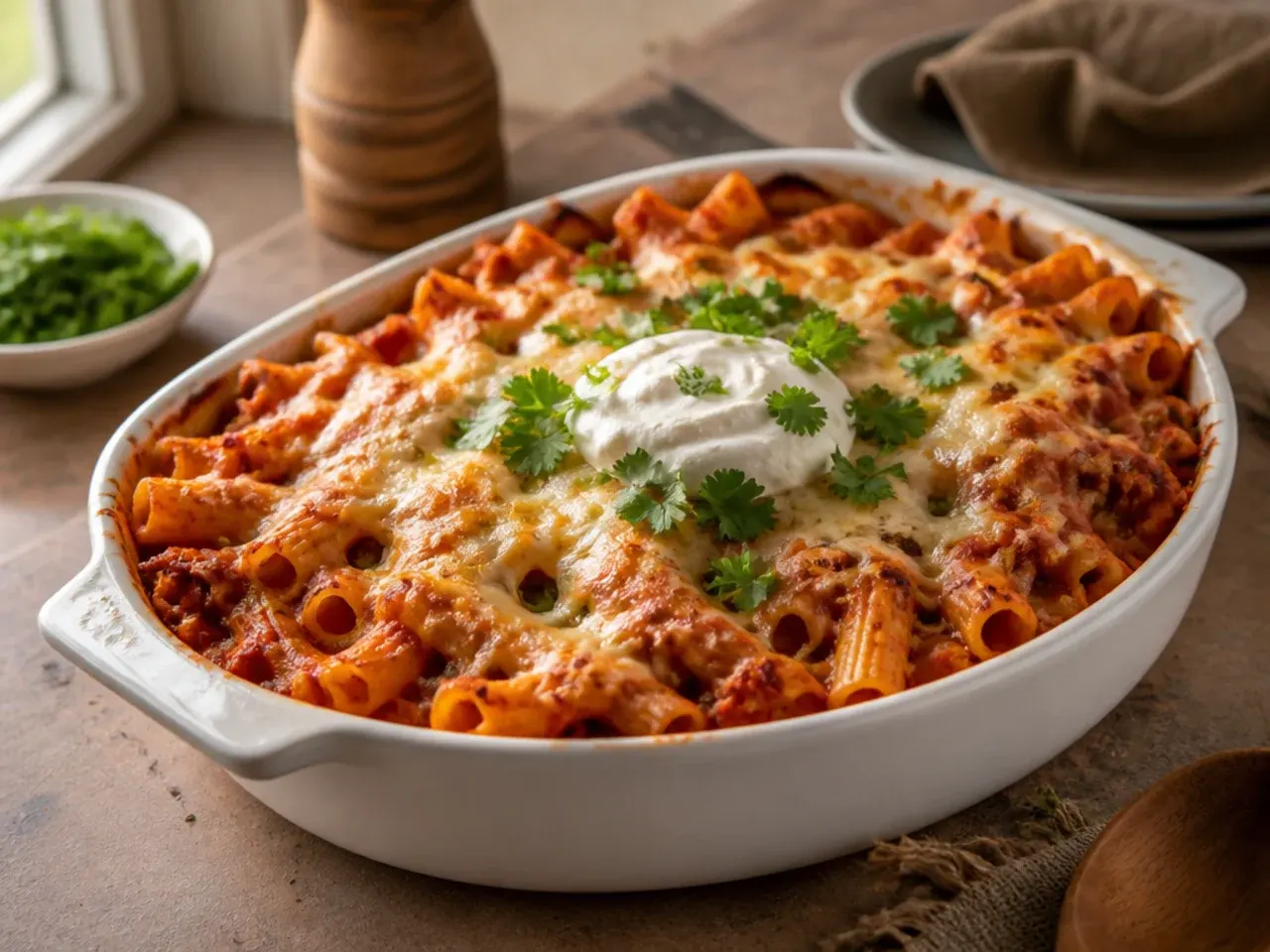 A chilled unbaked ziti casserole covered in plastic wrap in the fridge
