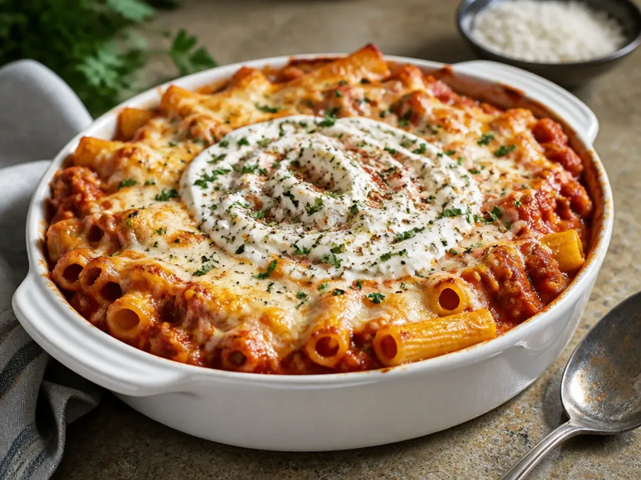 Tasting spoon dipped into simmering marinara sauce in a skillet