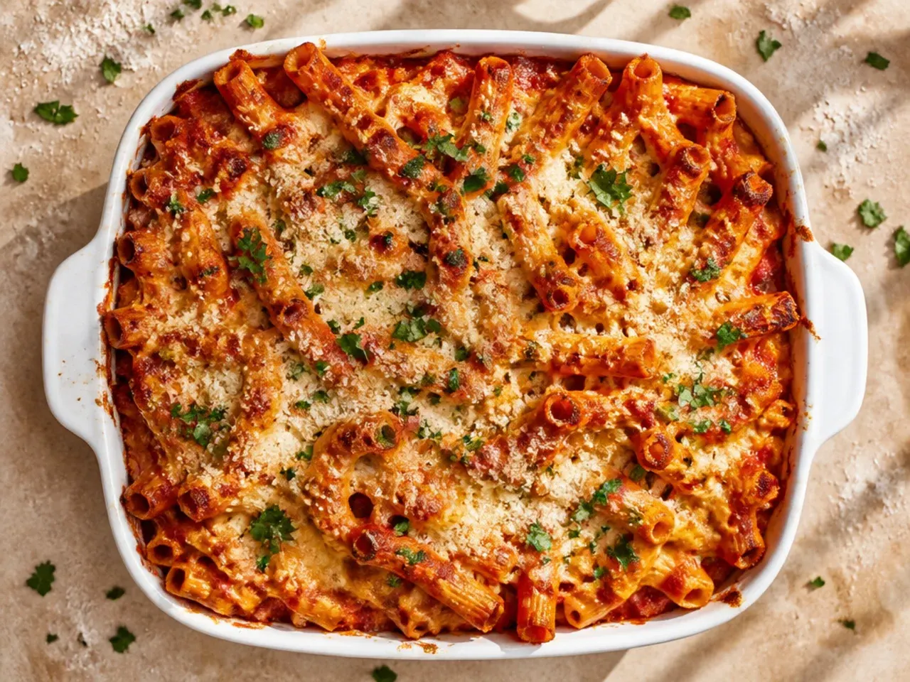 A 9x13 inch baking dish filled to the correct level with unbaked ziti