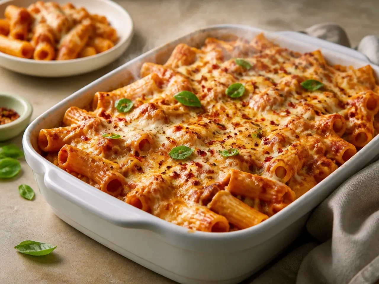 A cup of reserved starchy pasta water next to a colander of drained ziti