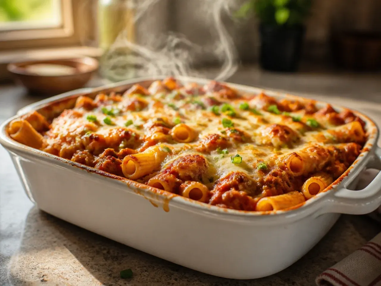 Cooled baked ziti being wrapped in plastic wrap and foil for the freezer