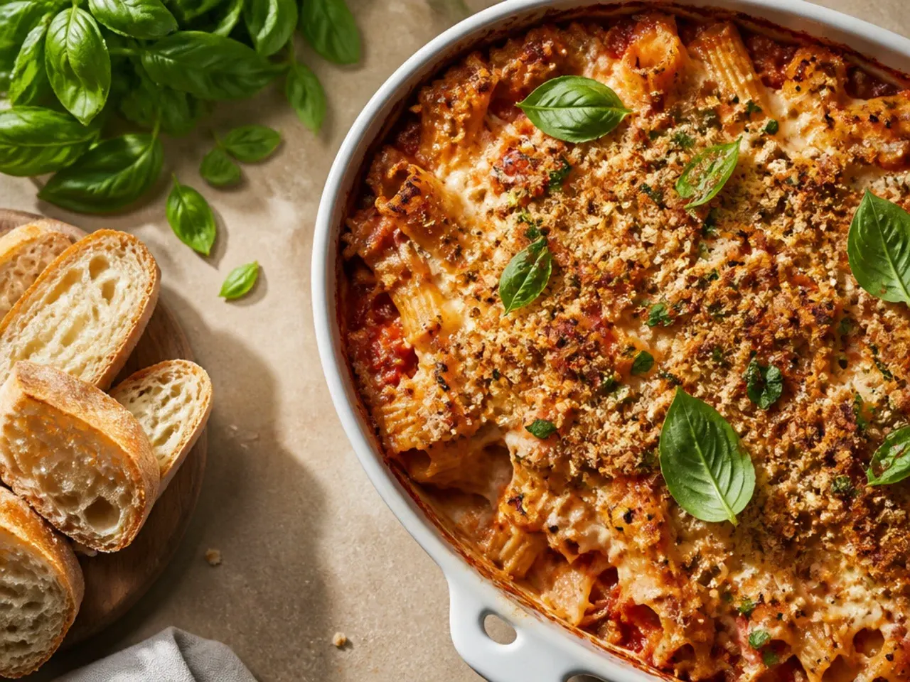 A portion of leftover baked ziti being reheated with a splash of sauce
