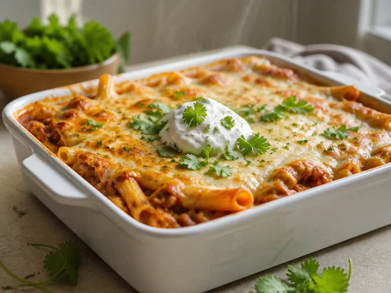 Fresh basil leaves being scattered over the finished baked ziti