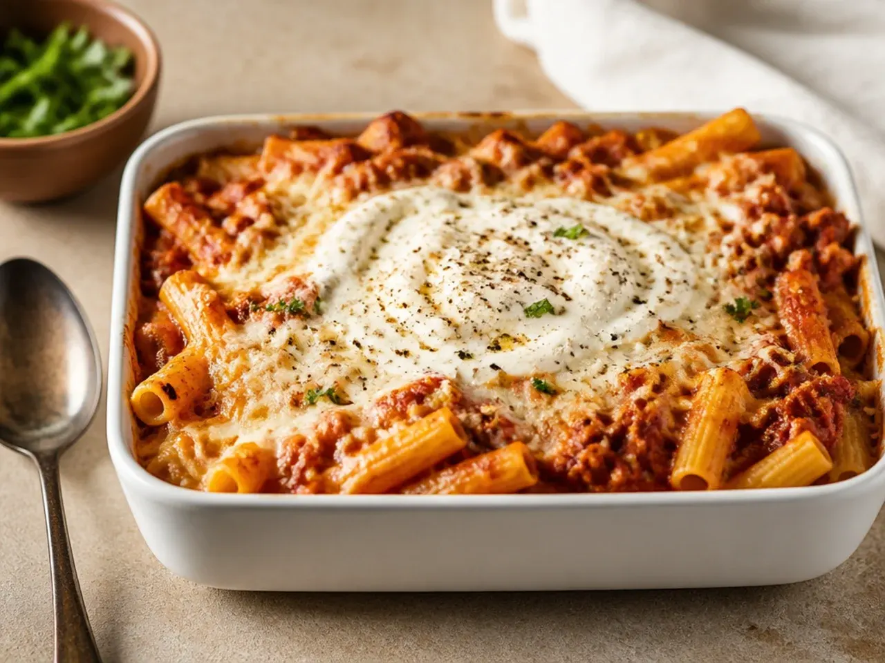Grated parmesan being sprinkled over the assembled ziti before baking