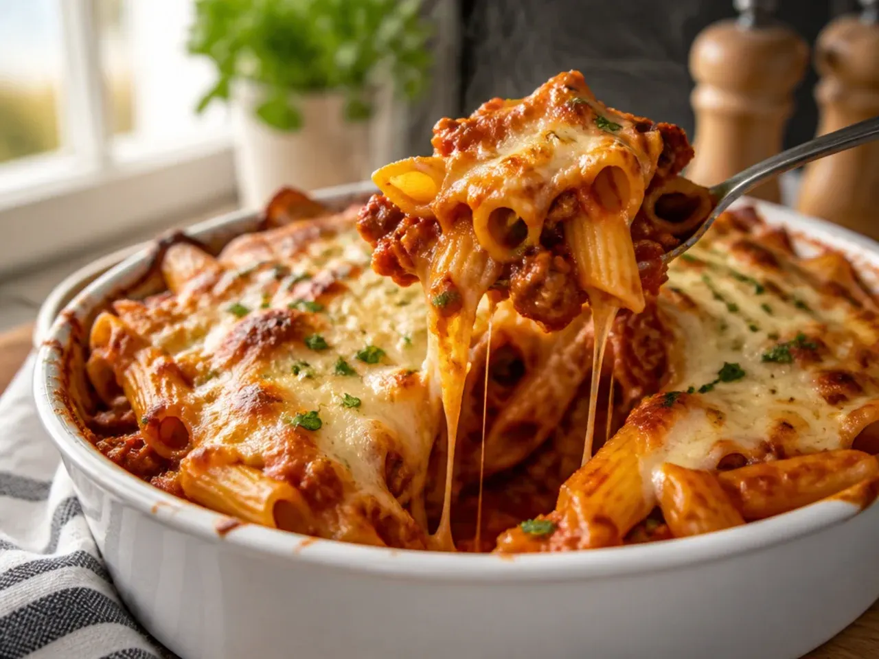 A finished slice of million dollar baked ziti served on a plate, cheese pulling