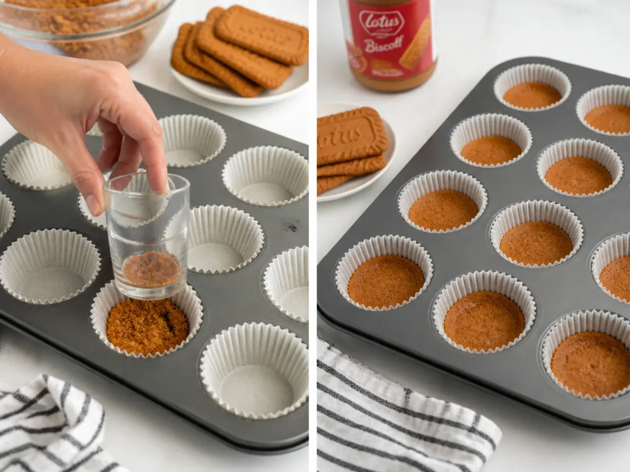 mini biscoff cheesecake — step 1: line the tin and make the base
