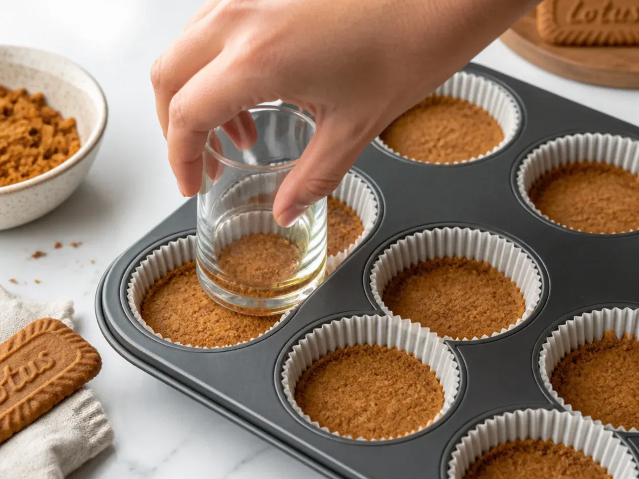 mini biscoff cheesecake — step 2: press and chill the bases